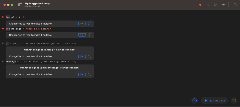 Swift variables and constants: Illustration of constant declaration using 'let' keyword